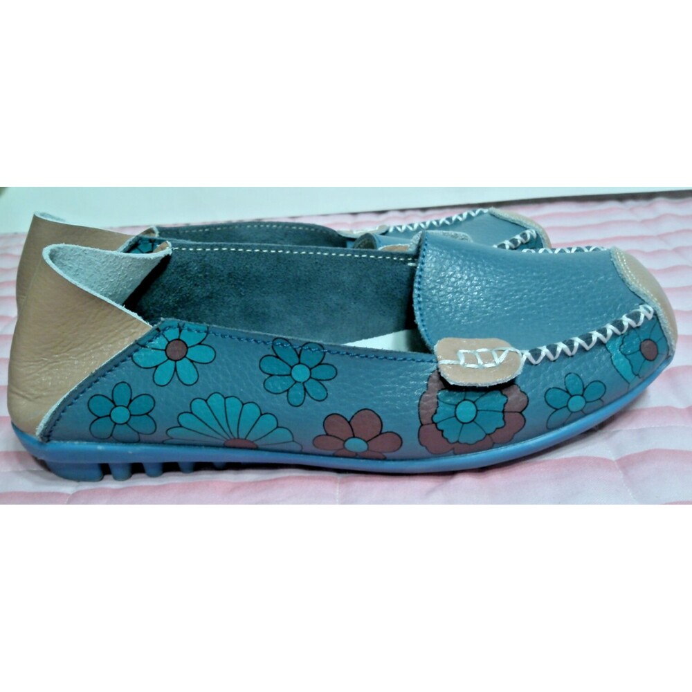 Comfy Blue Loafers Floral Print Flats Casual Driving Slip Ons Blue Faux Leather